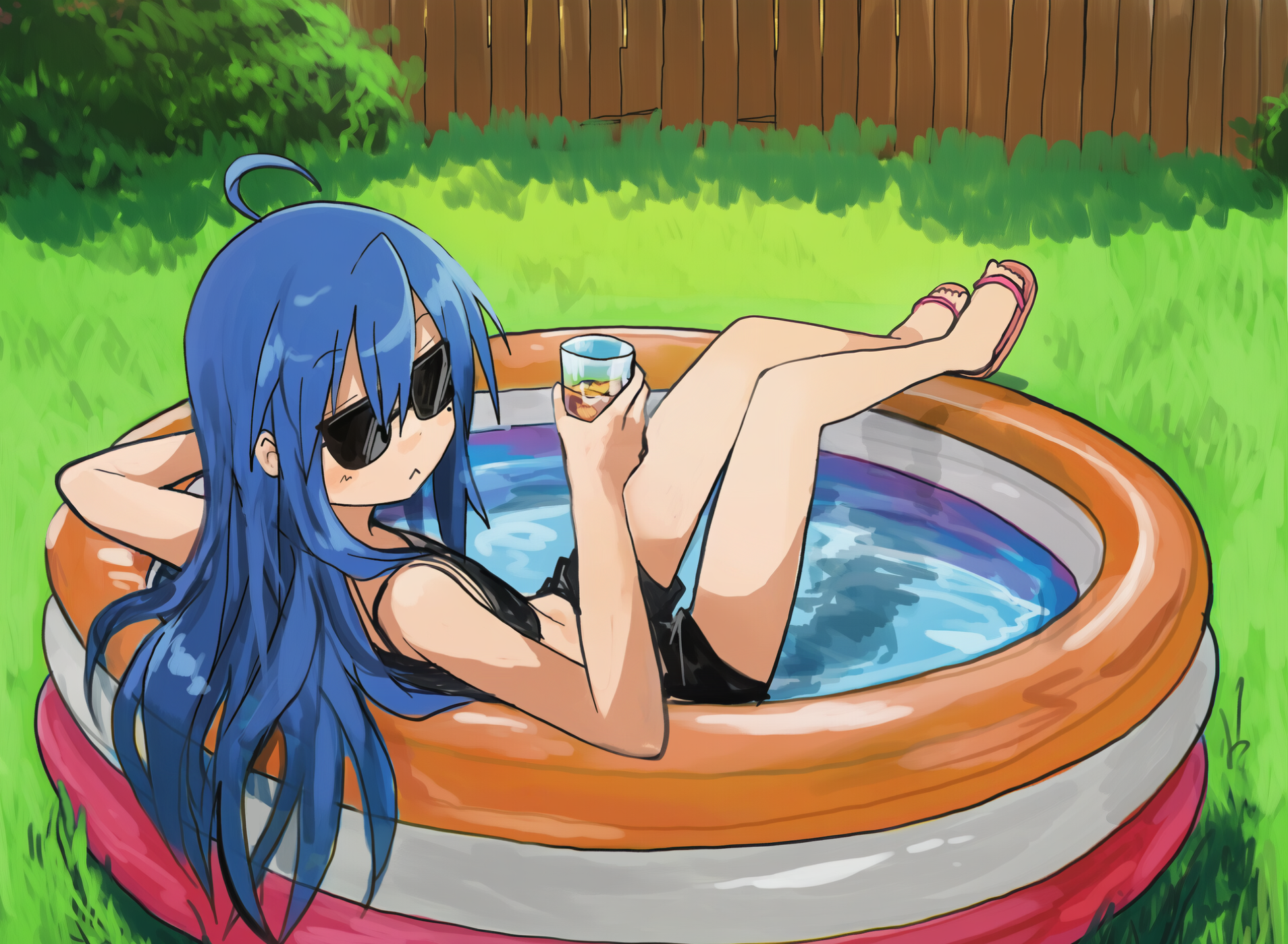 izumi konata, tagme, drinking, grass, inflatable pool, pool, sunglasses
