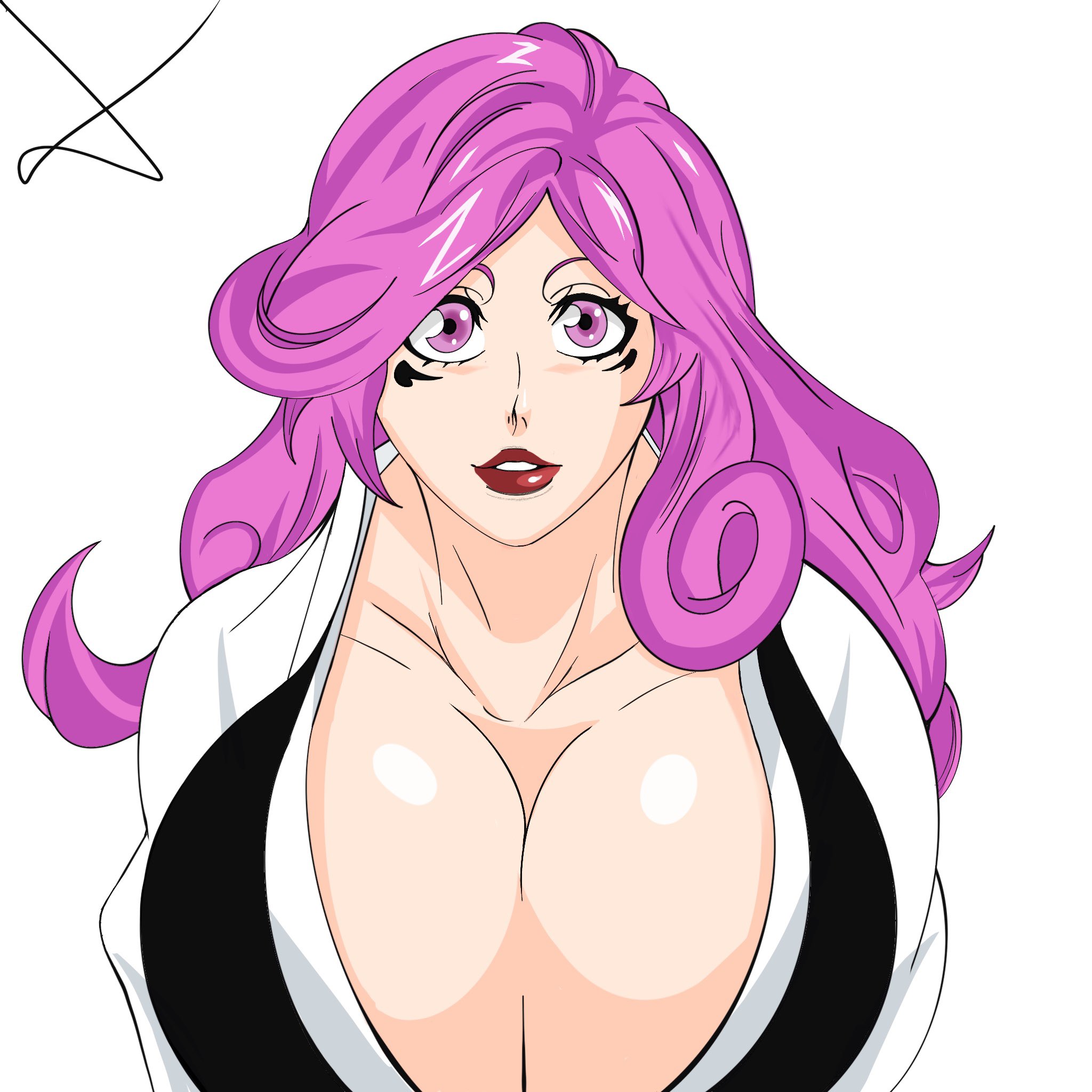 hikifune kirio, bleach, bleach: sennen kessen-hen, 1girl, breasts, cleavage, collarbone, huge breasts, lipstick, long hair, looking at viewer, makeup, purple eyes, purple hair, solo
