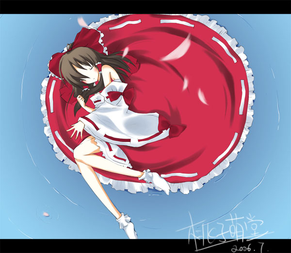 hakurei reimu, touhou, 1girl, female focus, gradient background, japanese clothes, letterboxed, miko, sleeping, solo
