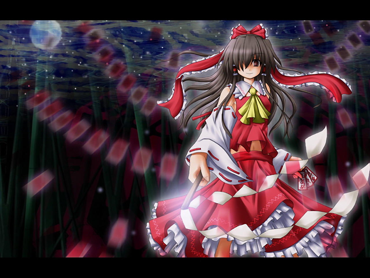 hakurei reimu, touhou, 1girl, female focus, gohei, japanese clothes, letterboxed, miko, navel, outdoors, skirt, sky, solo