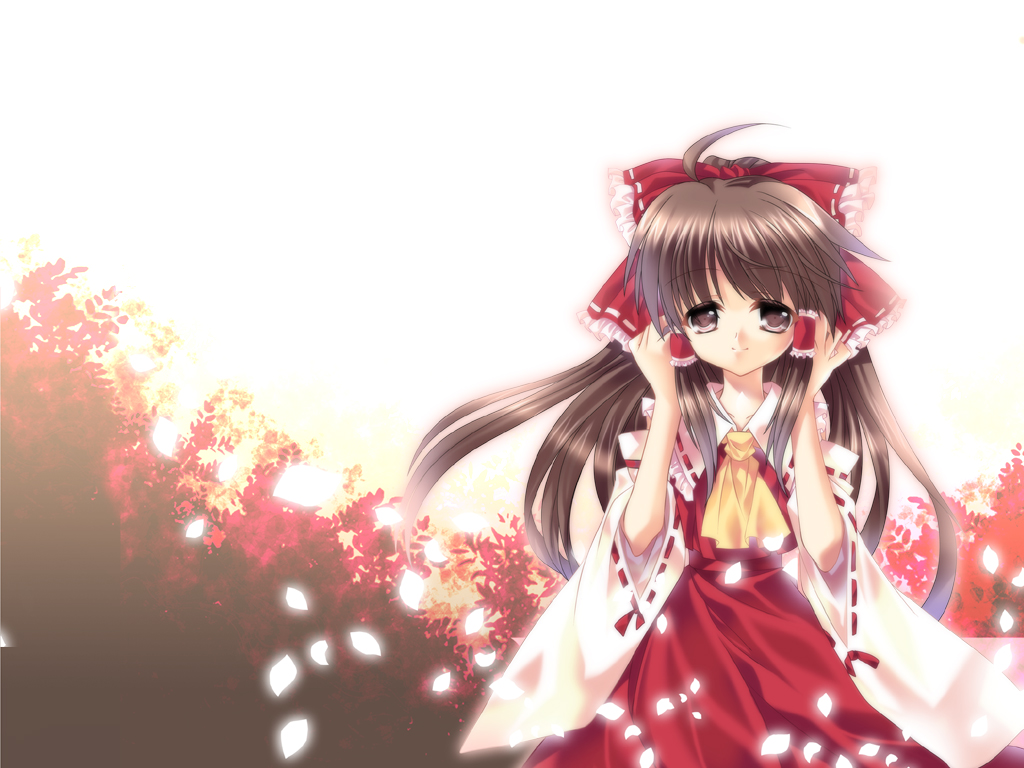 hakurei reimu, touhou, bad id, bad pixiv id, 1girl, ahoge, ascot, bow, brown eyes, brown hair, collar, covering own ears, detached sleeves, dress, female focus, frilled bow, frilled shirt collar, frills, hair bow, hair tubes, japanese clothes, leaf, leaf background, long hair, looking at viewer, miko, red bow, red dress, red ribbon, ribbon, ribbon-trimmed collar, ribbon-trimmed sleeves, ribbon trim, solo, white collar, white sleeves, wide sleeves, yellow ascot