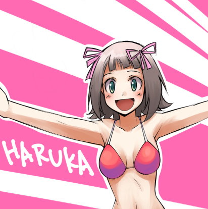 rison, amami haruka, idolmaster, idolmaster (classic), idolmaster 1, silver hair, lowres, 00s, 1girl, bikini, female focus, green eyes, red bikini, ribbon, solo, swimsuit