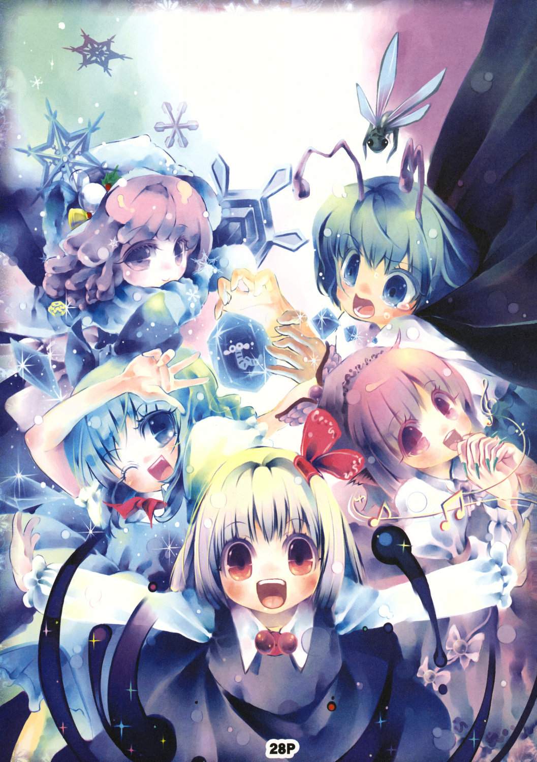 cirno, letty whiterock, mystia lorelei, rumia, wriggle nightbug, touhou, highres, scan, 5girls, antennae, beamed quavers, blonde hair, blue eyes, blue hair, bow, bug, closed eyes, darkness, female focus, green hair, hair bow, ice, looking at viewer, multiple girls, music, musical note, nervous, no nose, one eye closed, open mouth, outstretched arms, own hands clasped, own hands together, pink eyes, pink hair, quaver, red eyes, short hair, singing, snowflakes, spread arms, team 9 (touhou), treble clef, v