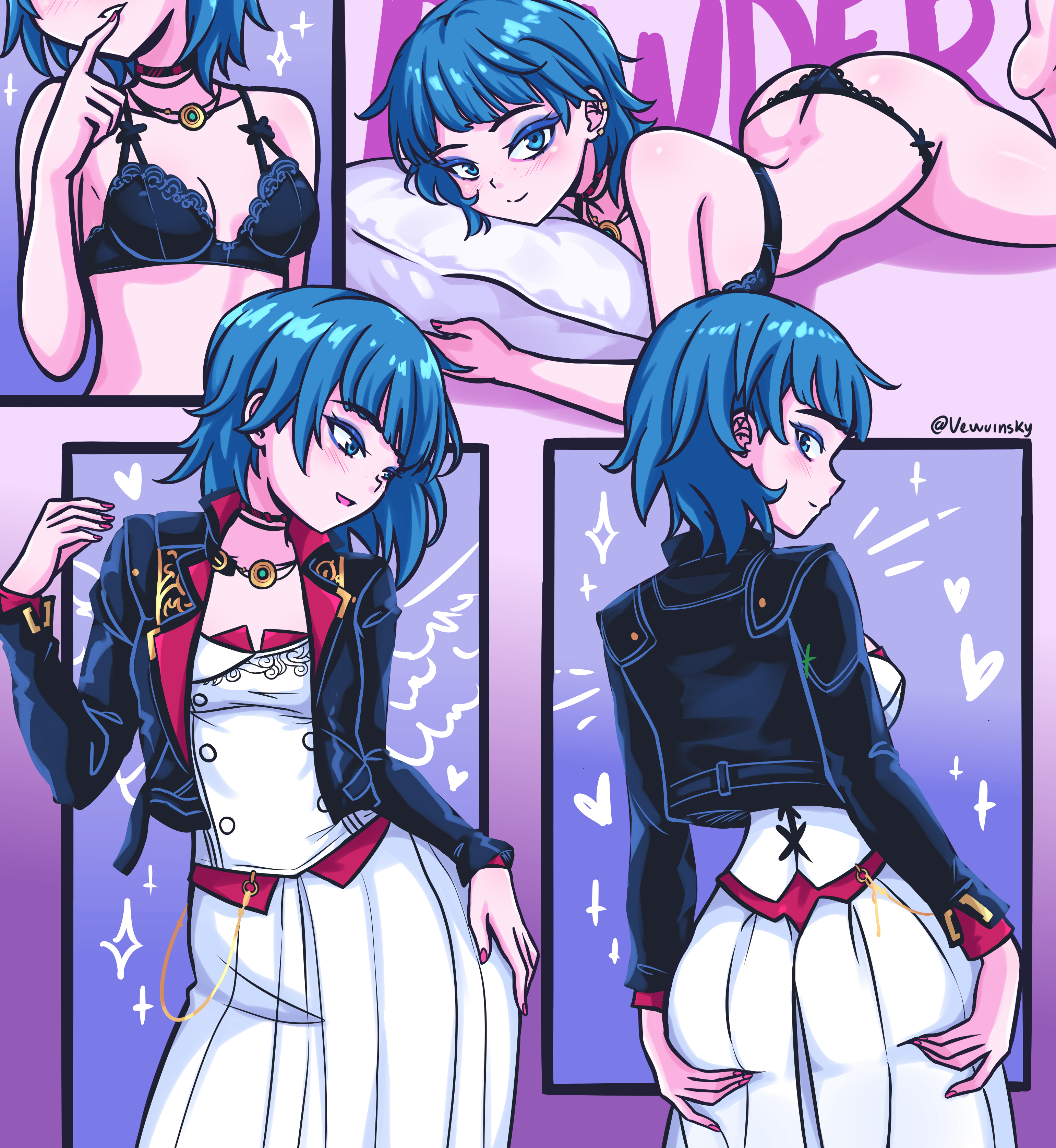 vewuinsky, jinx (league of legends), powder (alternate timeline) (arcane), arcane: league of legends, league of legends, absurdres, commentary, english commentary, highres, 1girl, black jacket, blue bra, blue eyeliner, blue eyes, blue hair, blue panties, bra, breasts, choker, dress, eyeliner, grabbing own ass, heart, jacket, jewelry, lace, lace-trimmed bra, lace-trimmed panties, lace trim, makeup, medium hair, necklace, panties, pillow, red choker, red nails, small breasts, twitter username, underwear, white dress