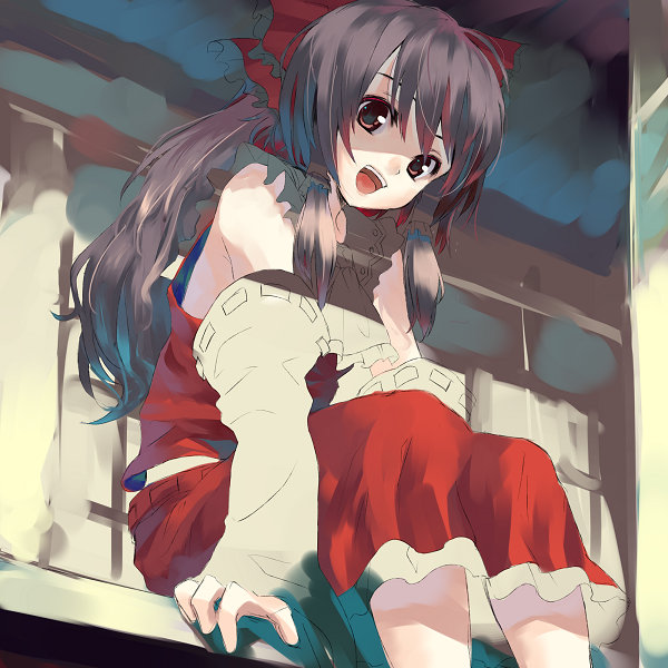 hakurei reimu, touhou, silver hair, 1girl, :d, bow, brown eyes, brown hair, detached sleeves, female focus, frilled bow, frills, hair bow, japanese clothes, long hair, miko, open mouth, ponytail, red bow, red skirt, ribbon-trimmed sleeves, ribbon trim, skirt, smile, solo, teeth