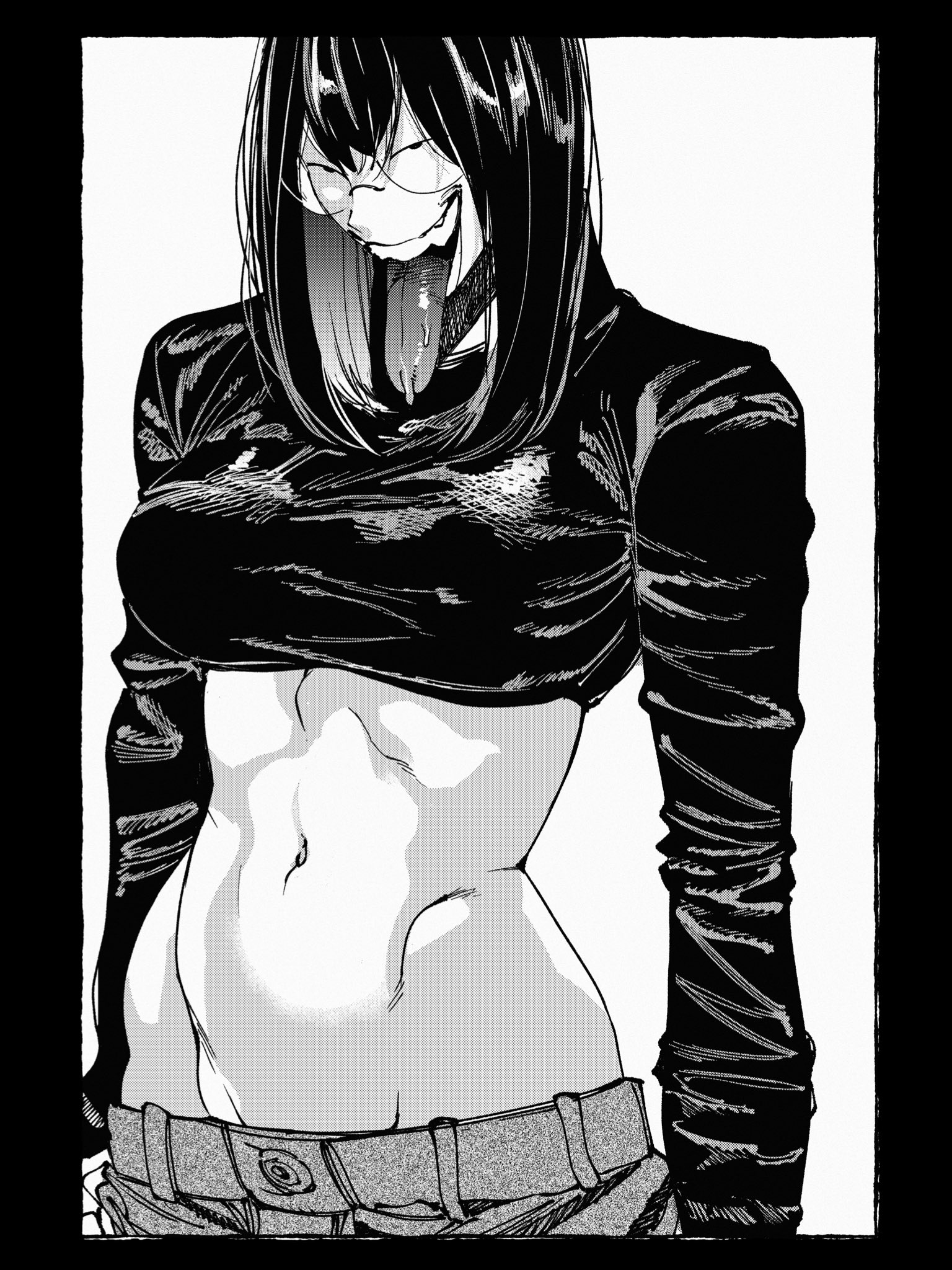 hachinuki tetsuyo, she (hachinuki tetsuyo), original, highres, 1girl, black border, black shirt, border, greyscale, jimiko, jitome, long hair, long sleeves, long tongue, midriff, mob face, moire, monochrome, navel, open mouth, pants, round eyewear, saliva, shirt, simple background, smile, solo, teeth, tongue, tongue out, white background