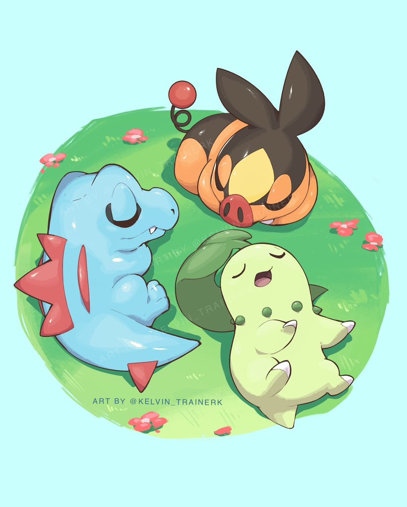 kelvin-trainerk, chikorita, tepig, totodile, nintendo, pokemon, closed eyes, closed mouth, curled up, fangs, flower, gen 2 pokemon, gen 5 pokemon, grass, no humans, open mouth, pig, pokemon (creature), pokemon focus, sleeping, starter pokemon trio, tail