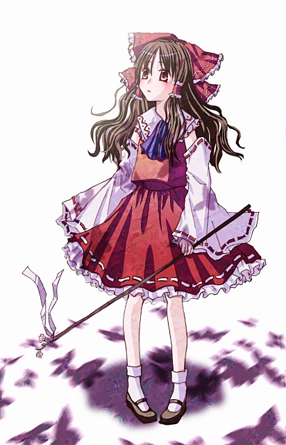 hakurei reimu, phantasmagoria of flower view, touhou, 1girl, ascot, blue ascot, bow, brown hair, collar, detached sleeves, female focus, frilled bow, frilled hair tubes, frilled shirt collar, frills, fringe trim, full body, gohei, hair bow, hair tubes, japanese clothes, long hair, looking up, mary janes, miko, nontraditional miko, red bow, red eyes, red ribbon, red shirt, red skirt, ribbon, ribbon-trimmed clothes, ribbon-trimmed skirt, ribbon-trimmed sleeves, ribbon trim, shadow, shirt, shoes, skirt, skirt set, sleeveless, sleeveless shirt, socks, solo, standing, wavy hair, white background, white collar, white ribbon, white sleeves, wide sleeves