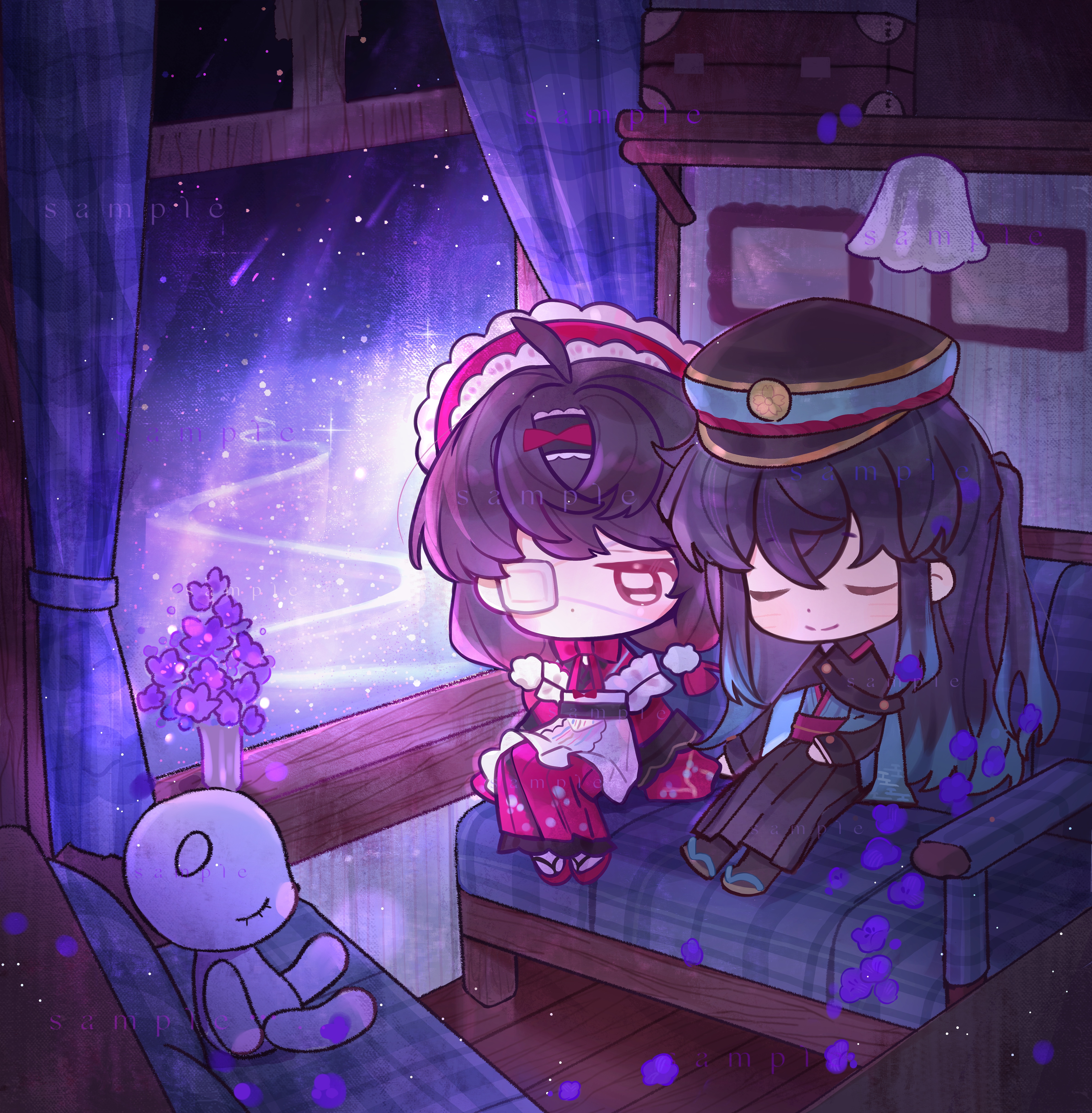 original, absurdres, highres, 2girls, ahoge, bai yang zi, black hair, black hairband, black hakama, black hat, black socks, blue kimono, blush, bow, bowtie, brown hair, brown sandals, chibi, chibi only, closed eyes, closed mouth, curtains, dot nose, eyepatch, flower, full body, hairband, hakama, hakama skirt, hat, indoors, japanese clothes, kimono, long hair, long sleeves, multiple girls, night, no mouth, purple flower, red bow, red bowtie, red eyes, red hat, red kimono, red sandals, sample watermark, sandals, short hair, sidelocks, sitting, skirt, smile, socks, stuffed animal, stuffed toy, tabi, teddy bear, vase, watermark, white socks
