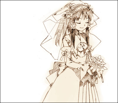 hakurei reimu, touhou, lowres, 1girl, border, bride, dress, eyelashes, female focus, monochrome, ponytail, solo, wedding dress