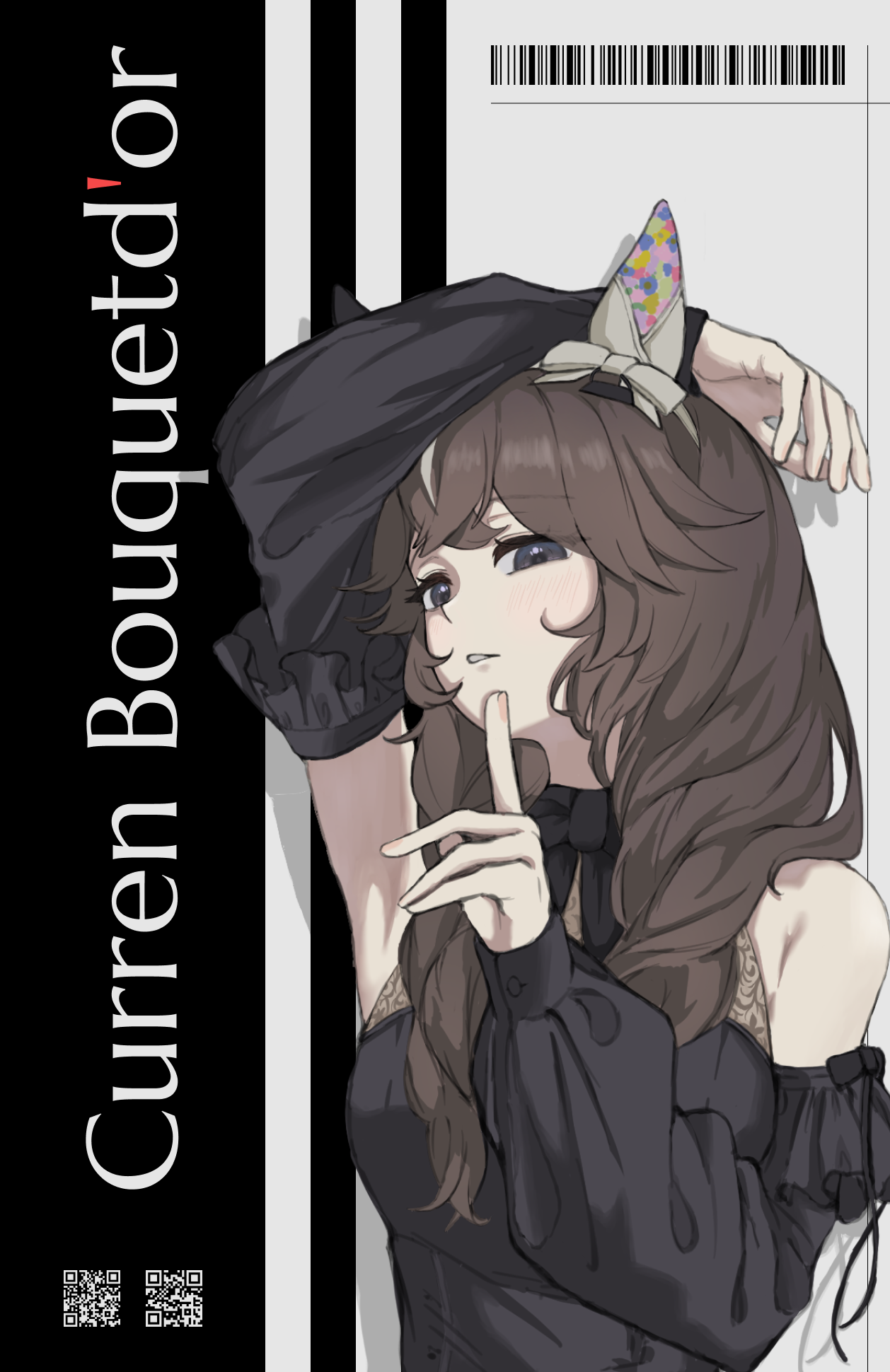 curren bouquetd'or (umamusume), umamusume, highres, 1girl, animal ears, arata savage, arm on own head, arm up, armpit crease, barcode, black dress, bow, braid, braided sidelocks, breasts, brown hair, character name, cover, crossed bangs, detached sleeves, dress, ear bow, ear covers, fake magazine cover, finger to mouth, grey bow, hand up, horse ears, horse girl, index finger raised, long hair, long sleeves, low twin braids, magazine cover, medium breasts, qr code, shushing, single ear cover, sleeveless, sleeveless dress, solo, twin braids, white hair