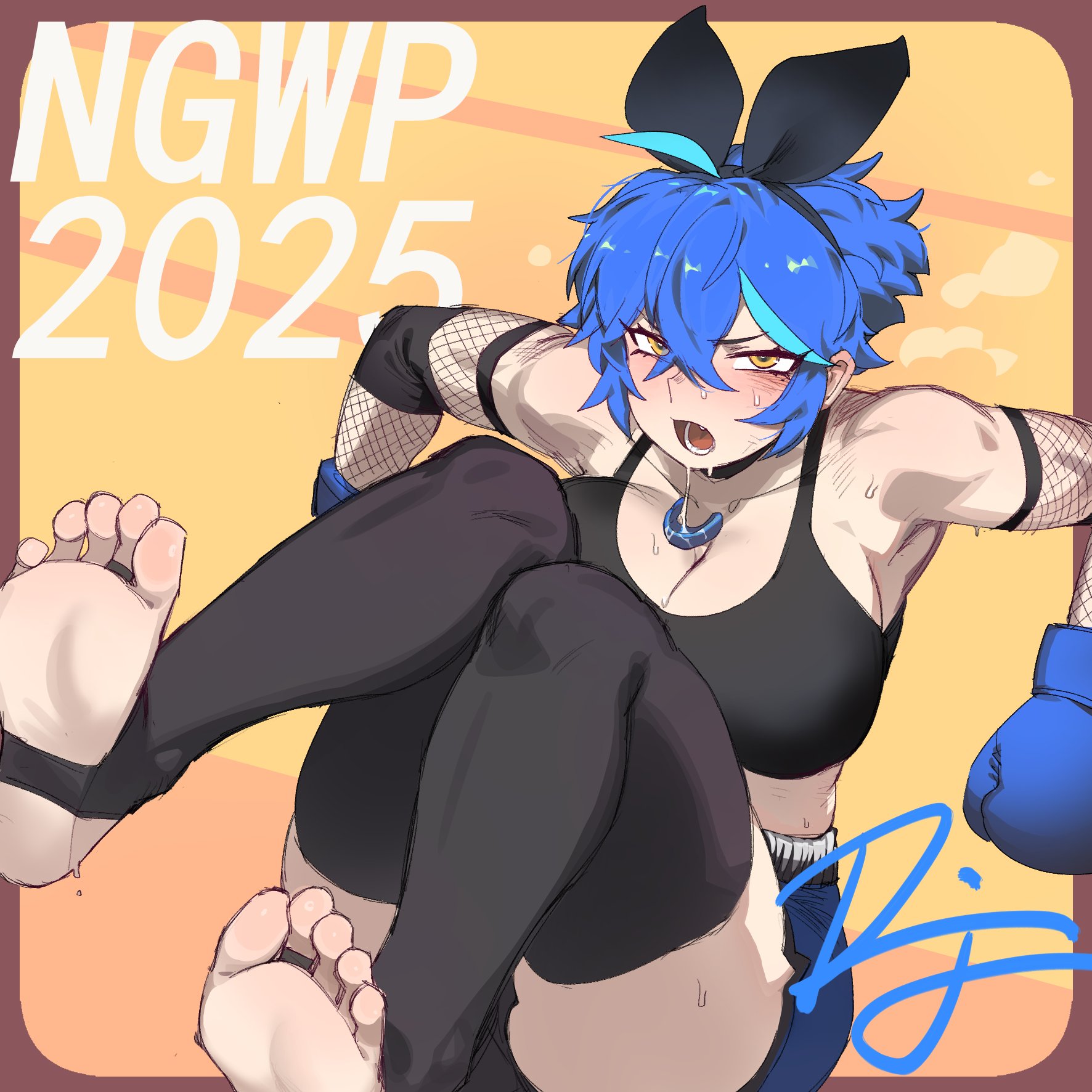 difman, dif (difman), original, commentary request, highres, 1girl, 2025, ahoge, aqua hair, armpits, bare shoulders, black bow, black bra, black choker, black hairband, black thighhighs, blue gloves, blue hair, blue shorts, blush, bow, boxing gloves, bra, breasts, bridal legwear, brown background, choker, cleavage, collarbone, drooling, ear blush, elbow gloves, exhausted, feet, fishnets, foot focus, gloves, hair between eyes, hairband, huge breasts, light blush, long eyelashes, looking at viewer, lower teeth only, medium hair, midriff, mole, mole under eye, mouth guard, open mouth, orange background, outstretched arms, pale skin, shorts, sideboob, signature, soles, solo, sports bra, steaming body, stirrup legwear, sweat, sweatdrop, tank top, teeth, thighhighs, toeless legwear, toned, toned female, tongue, underwear, white trim, yellow background, yellow eyes