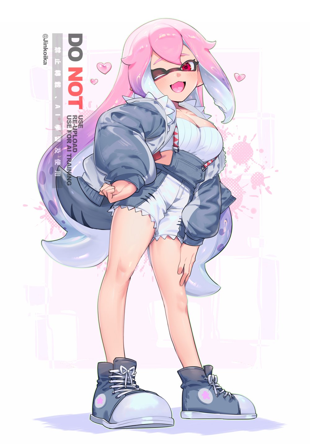 jinkoika, inkling girl, inkling player character, nintendo, splatoon (series), commentary, highres, symbol-only commentary, 1girl, ;d, blue jacket, blue overalls, blue shoes, breasts, cleavage, crop top, fins, fish tail, full body, gradient hair, hand on own hip, high tops, inkling, jacket, large breasts, long hair, long sleeves, looking at viewer, multicolored hair, one eye closed, open clothes, open jacket, open mouth, overall shorts, overalls, pink hair, pointy ears, puffy long sleeves, puffy sleeves, purple hair, red eyes, shark girl, shark tail, shirt, shoes, smile, sneakers, solo, tail, tentacle hair, very long hair, white shirt