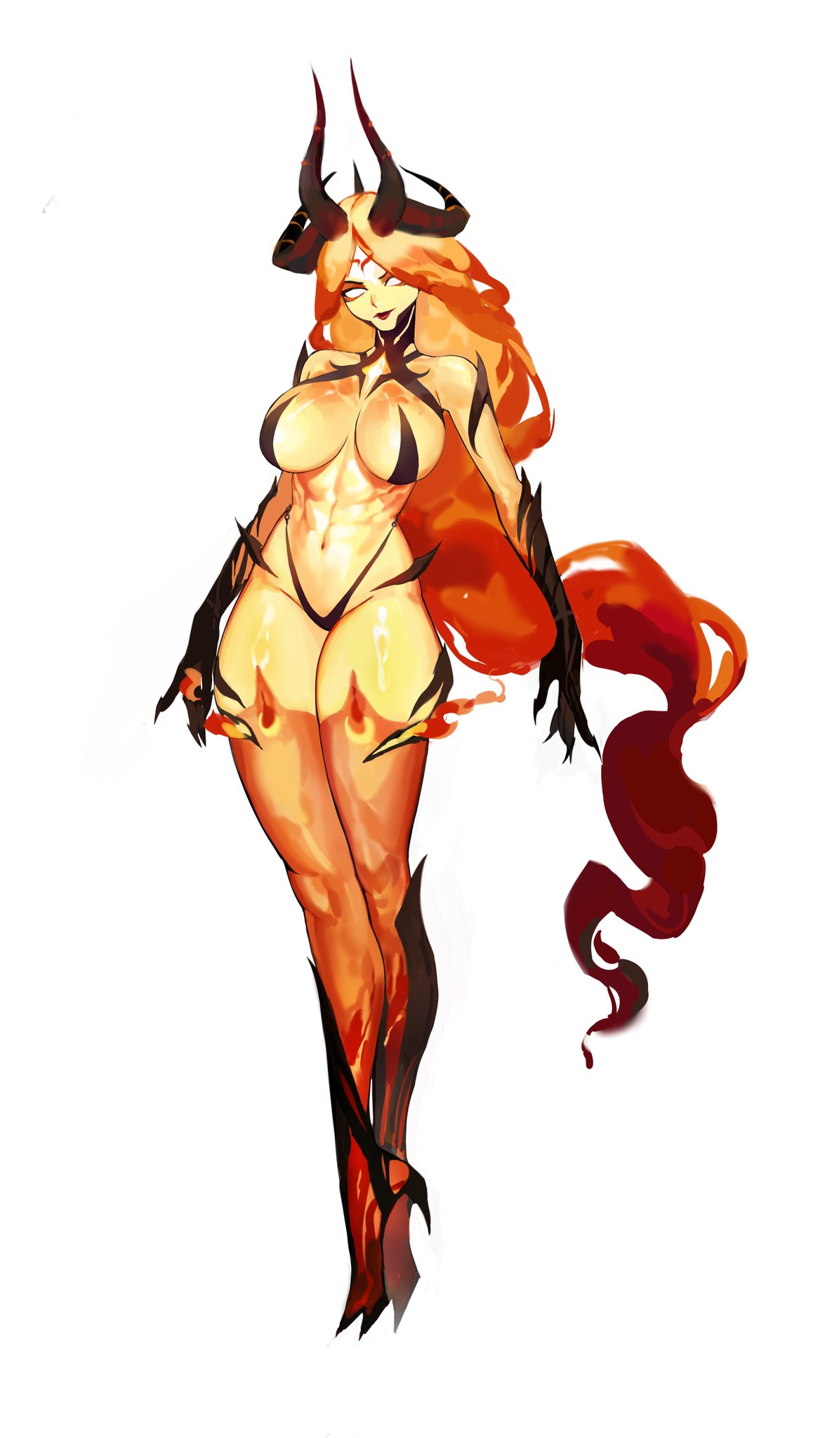 linalnoa, original, highres, abs, bikini, breasts, fire, gloves, high heels, horns, multicolored hair, orange hair, swimsuit, thighhighs, thong
