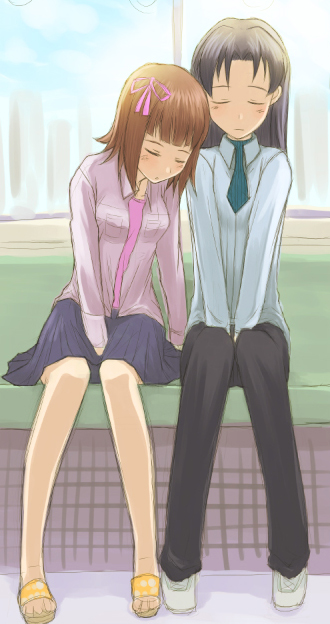 rison, amami haruka, kisaragi chihaya, idolmaster, idolmaster (classic), idolmaster 1, white footwear, yellow footwear, 00s, 2girls, between legs, black hair, blue skirt, blue sky, blunt bangs, brown hair, building, city, closed eyes, cloud, cloudy sky, female focus, full body, green necktie, hair ornament, hair ribbon, hand between legs, long hair, long sleeves, miniskirt, multiple girls, necktie, own hands together, pants, pink necktie, pink ribbon, pink shirt, pleated skirt, ribbon, shirt, shoes, short hair, sitting, skirt, sky, sleeping, sweater, train, train interior, v arms, white shirt, window, yuri