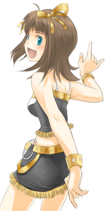 rison, amami haruka, idolmaster, idolmaster (classic), idolmaster 1, 00s, 1girl, cool & sexy (idolmaster), female focus, looking back, m/, solo