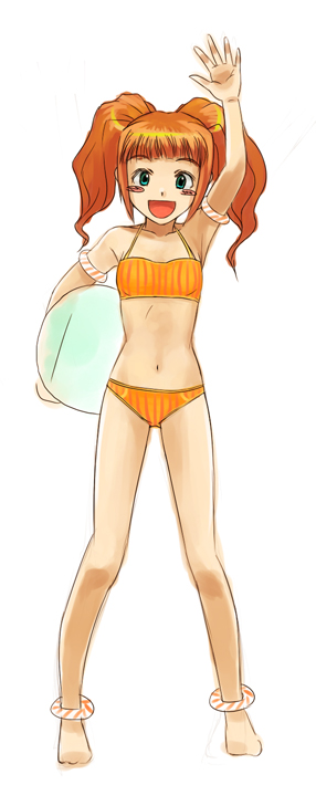 rison, takatsuki yayoi, idolmaster, idolmaster (classic), idolmaster 1, 00s, 1girl, aqua eyes, armpits, ball, barefoot, beachball, bikini, female focus, flat chest, happy, open mouth, orange bikini, orange hair, solo, striped bikini, striped clothes, swimsuit, twintails, vertical-striped bikini, vertical-striped clothes