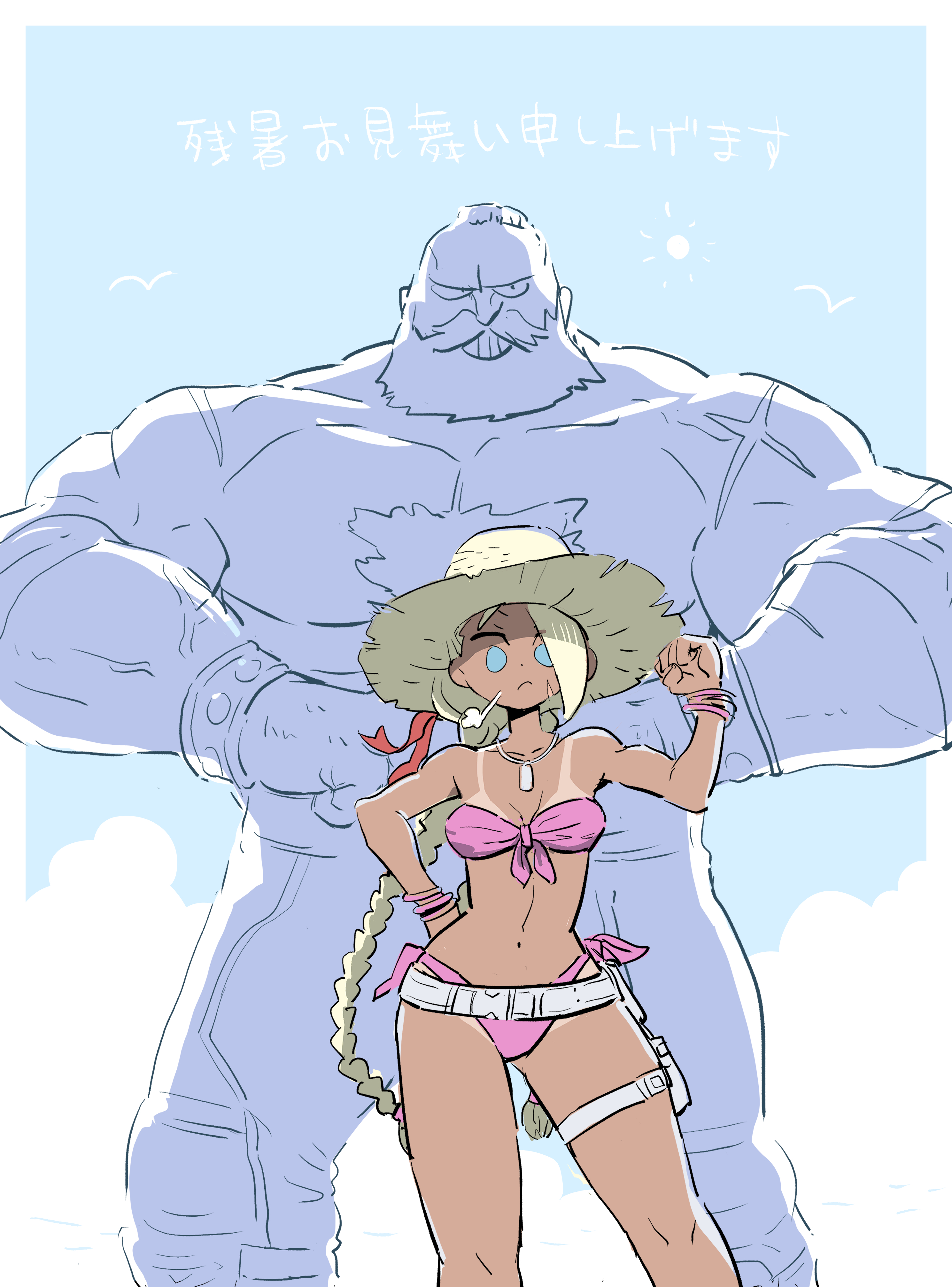 kangyaku, cammy white, zangief, street fighter, street fighter 6, absurdres, highres, 1boy, 1girl, :<, beard, belt, bikini, braid, breasts, cleavage, facial hair, front-tie bikini top, front-tie top, hat, muscular, muscular male, official alternate costume, pink bikini, side-tie bikini bottom, strapless, strapless bikini, straw hat, swimsuit, tall male, tan, tanline, twin braids, white belt