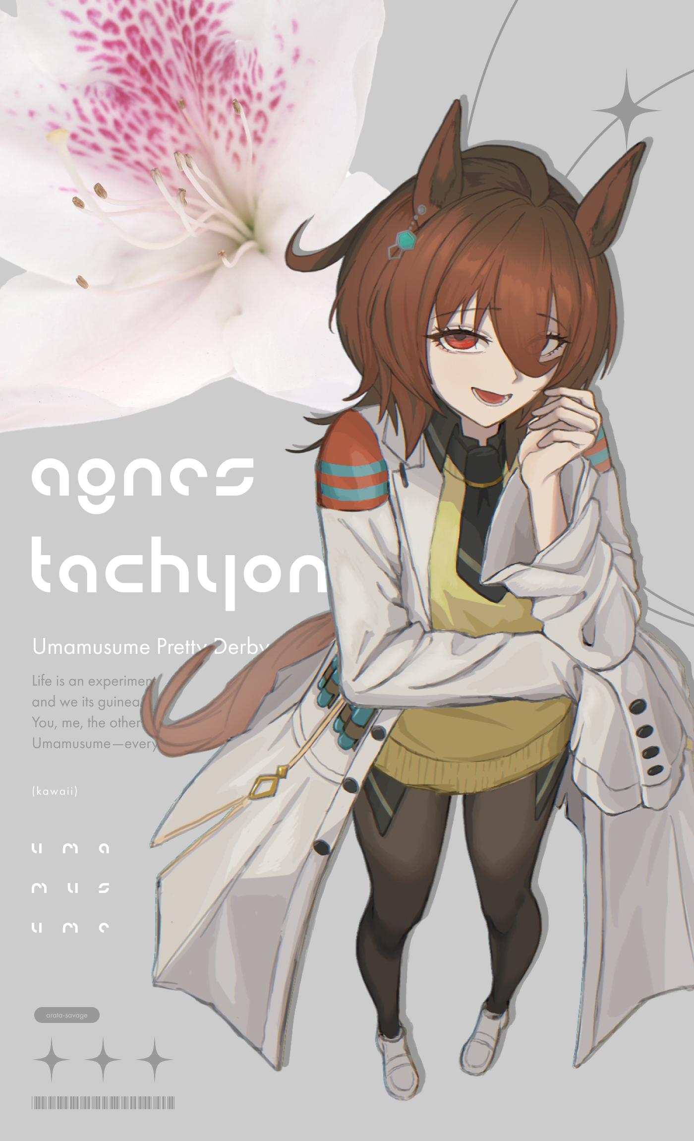 agnes tachyon (umamusume), umamusume, flower request, highres, 1girl, ahoge, animal ears, arata savage, barcode, black necktie, black pantyhose, black shirt, brown hair, character name, chemical structure, coat, collared shirt, cover, ear ornament, earrings, fake magazine cover, flower, hair between eyes, hem peeking out, horse ears, horse girl, horse tail, huge ahoge, jewelry, lab coat, long hair, long sleeves, looking at viewer, magazine cover, necktie, open clothes, open coat, open mouth, pantyhose, pen, red eyes, shirt, shoes, short necktie, single earring, smile, solo, standing, sweater, tail, test tube, white coat, white flower, white shoes, wide sleeves, yellow sweater