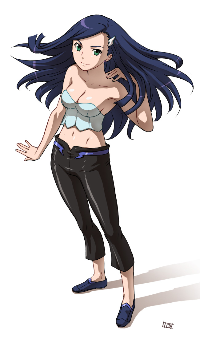 itou yuuji, natsuki kruger, my-otome, 00s, 1girl, bare shoulders, blue hair, bustier, female focus, green eyes, lingerie, long hair, midriff, solo, underwear