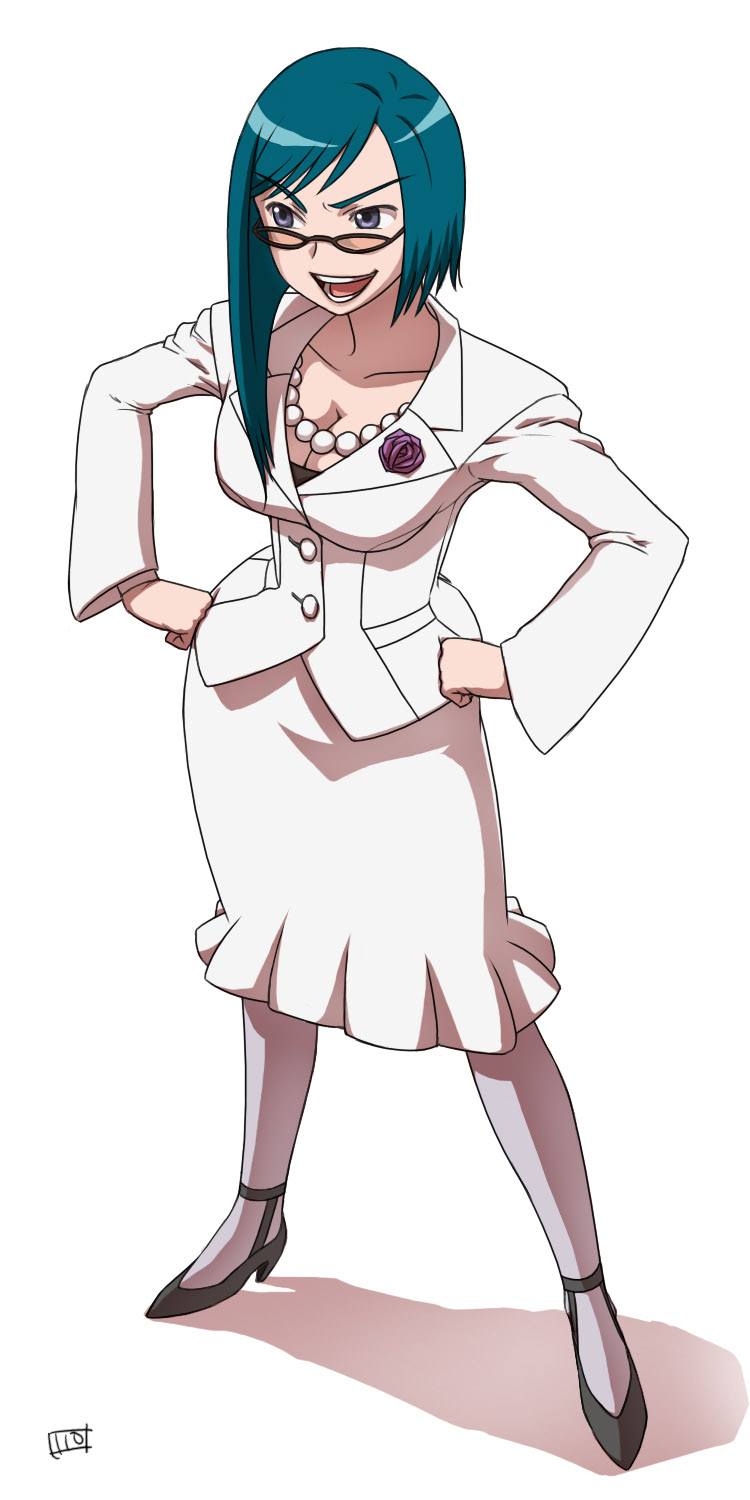 itou yuuji, tomoe marguerite, my-otome, my-otome zwei, highres, 00s, 1girl, asymmetrical hair, blue eyes, breasts, cleavage, female focus, formal clothes, gem, glasses, green hair, grey pantyhose, high heels, jacket, jewelry, necklace, pantyhose, pearl (gemstone), pearl necklace, pencil skirt, pink-tinted eyewear, shoes, skirt, skirt suit, solo, suit, tinted eyewear