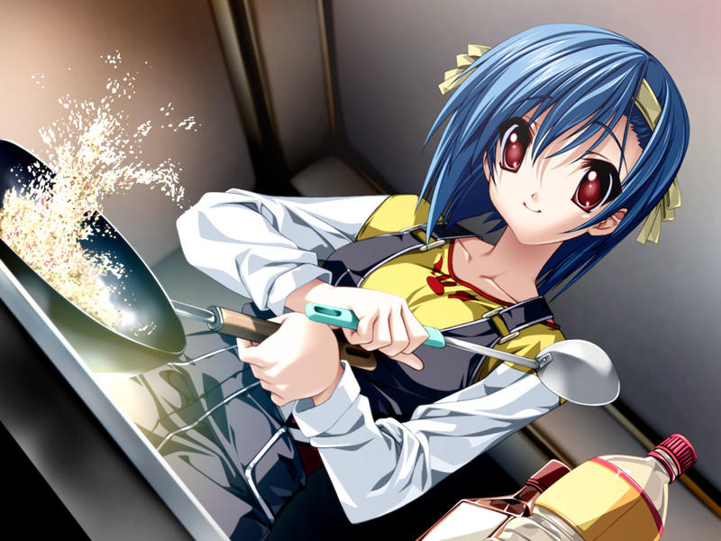 senomoto hisashi, tsubakihara ren, koisuru otome to shugo no tate, game cg, 1girl, blue hair, bottle, cooking, dutch angle, female focus, food, frying pan, hair ribbon, hairband, kitchen, ladle, red eyes, ribbon, short hair, smile, solo, standing, stove