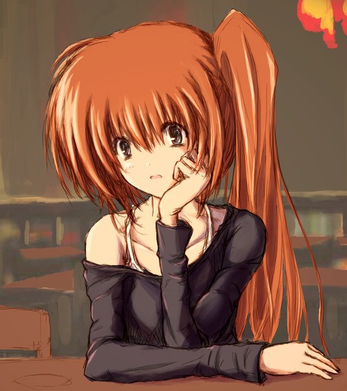 takamachi nanoha, lyrical nanoha, mahou shoujo lyrical nanoha, mahou shoujo lyrical nanoha strikers, 00s, 1girl, brown hair, female focus, ponytail, red hair, side ponytail, solo