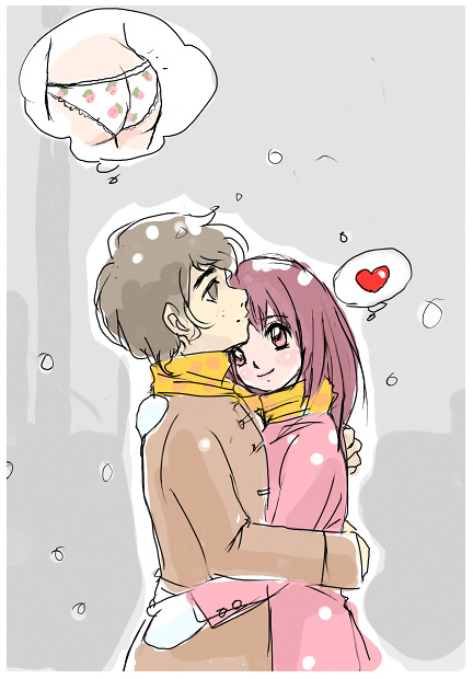 1boy, 1girl, ass, couple, food print, fruit print, heart, hetero, hug, imagining, panties, print panties, scarf, shared clothes, shared scarf, sketch, snow, snowing, spoken heart, strawberry panties, strawberry print, underwear, white panties