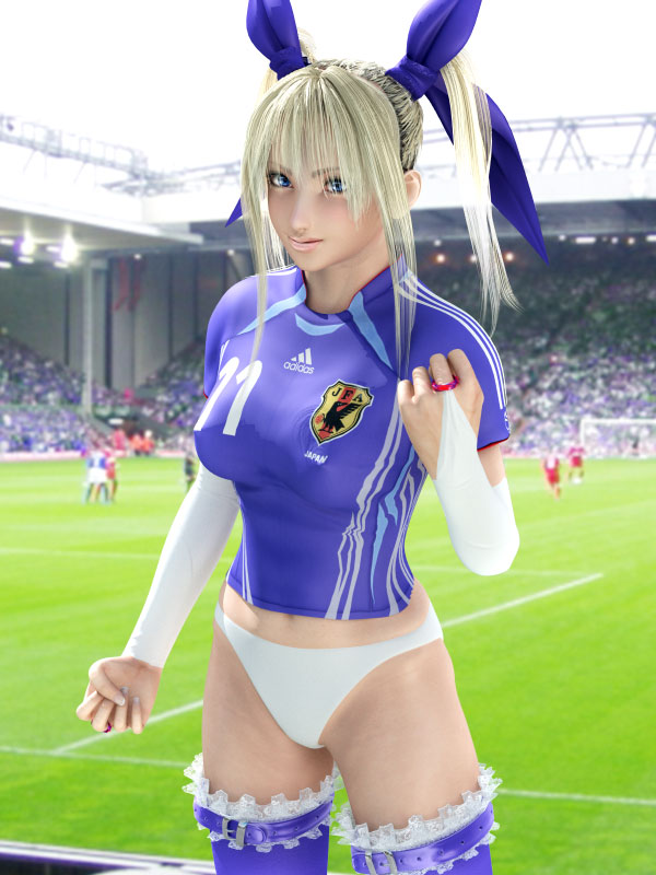 incise soul, m-rs, rukia (incise soul), original, 1girl, 3d, 6+others, blonde hair, blue eyes, breasts, covered erect nipples, elbow gloves, gloves, japan, jersey, jewelry, multiple others, navel, outdoors, panties, ribbon, ring, sky, soccer, soccer jersey, soccer uniform, sportswear, standing, thighhighs, underwear