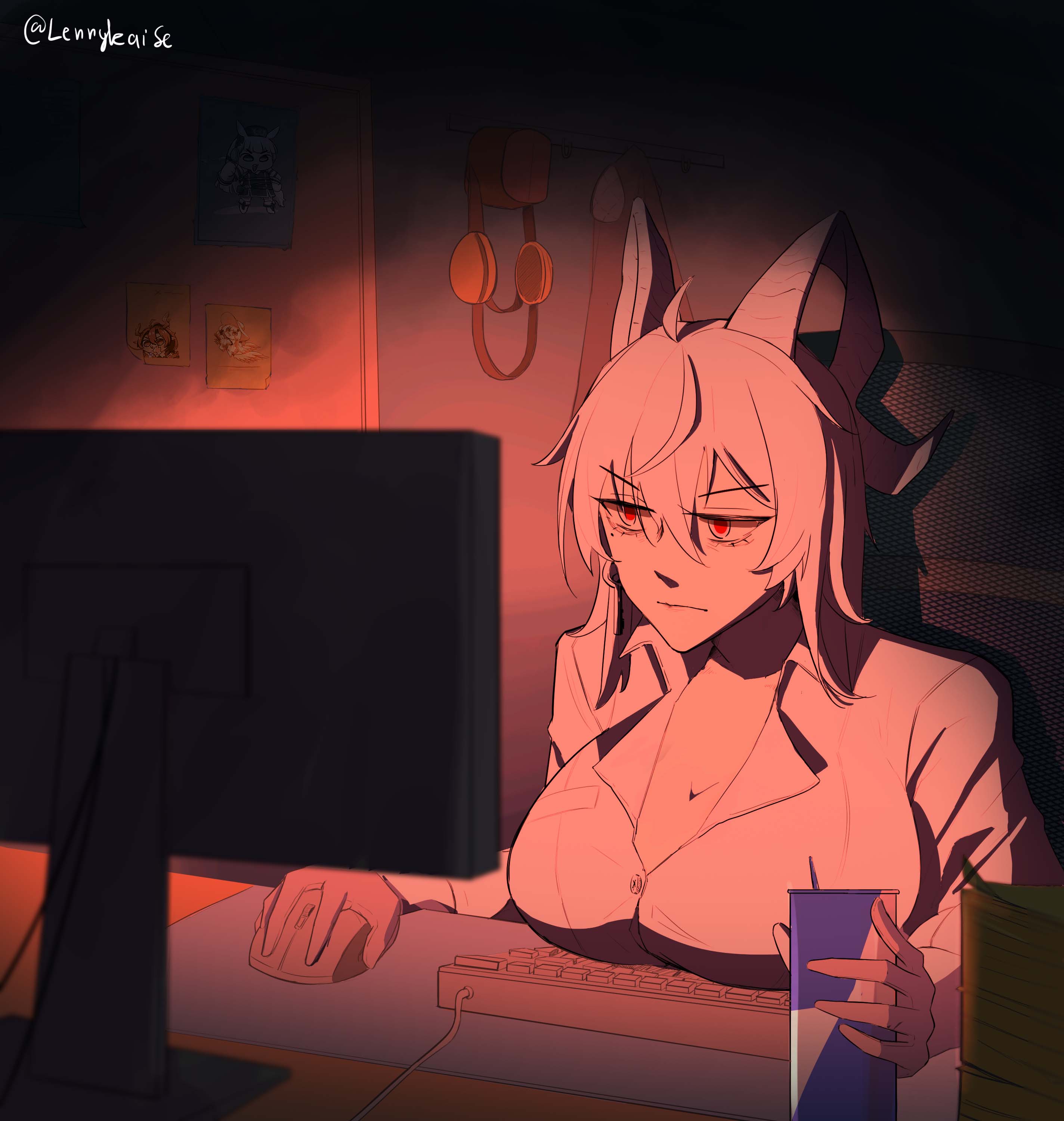lennykaise, ciaccona (wuthering waves), gold ship (umamusume), phoebe (wuthering waves), zani (wuthering waves), red bull, umamusume, wuthering waves, absurdres, commentary, derivative work, hashtag-only commentary, highres, 1girl, ahoge, bags under eyes, black horns, breasts, can, closed mouth, collared shirt, computer keyboard, computer mouse, curled horns, drink can, earrings, energy drink, grey hair, hair between eyes, holding, holding can, holding computer mouse, horns, indoors, jewelry, key earrings, large breasts, long hair, mole, mole under eye, monitor, poster (object), red eyes, shirt, solo, twitter username, v-shaped eyebrows, white shirt