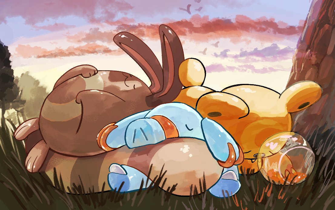 inudomooo, phanpy, sentret, teddiursa, nintendo, pokemon, animal focus, bird, closed eyes, closed mouth, cloud, gen 2 pokemon, grass, jar, no humans, outdoors, pokemon (creature), pokemon focus, sky, sleeping, smile, tail, tree