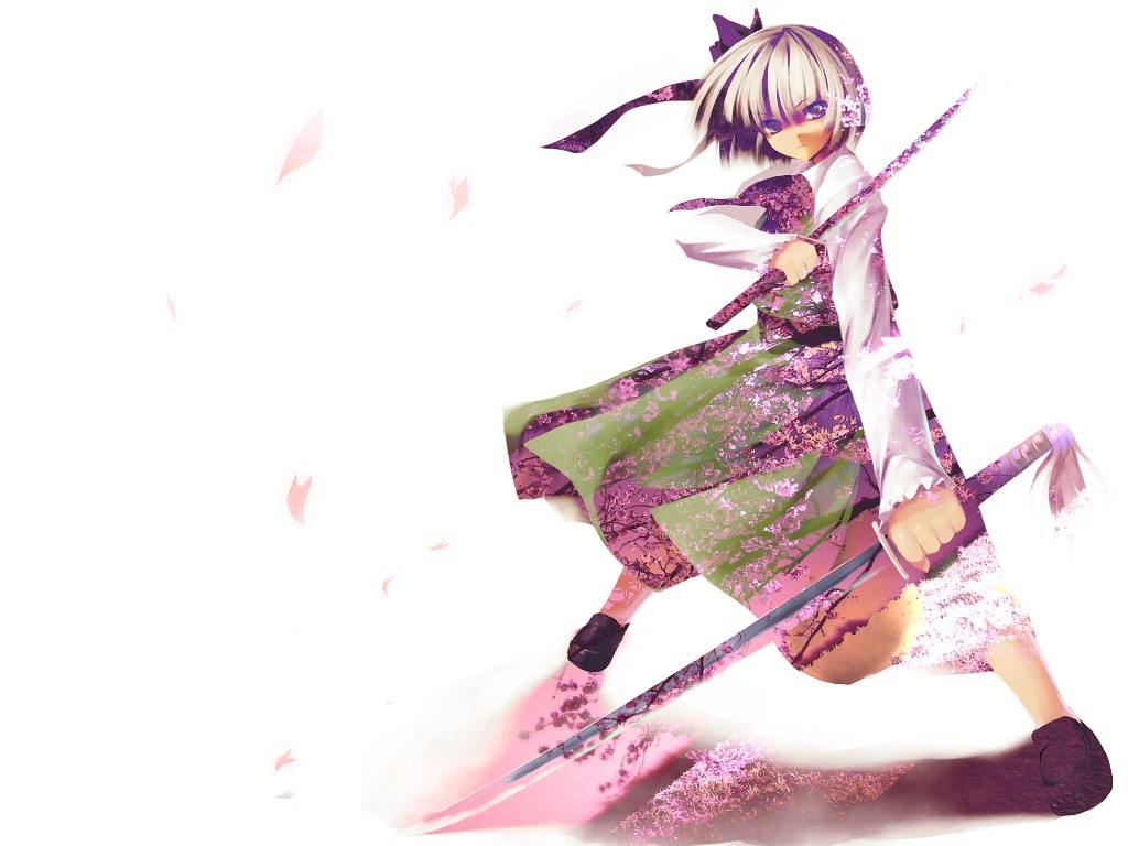 hiiragi ryou, tateha (marvelous grace), konpaku youmu, touhou, 1girl, female focus, katana, short hair, solo, sword, weapon, white hair