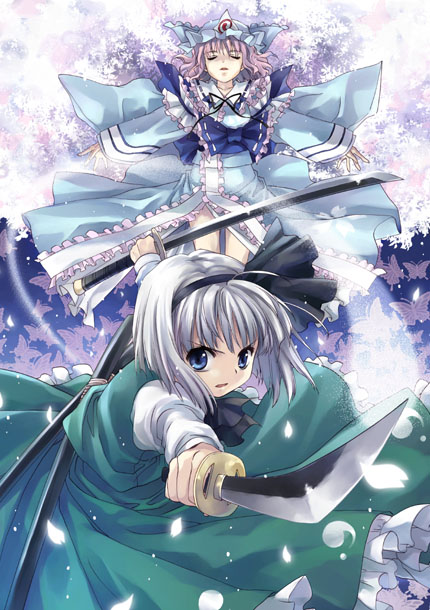sato-pon, konpaku youmu, konpaku youmu (ghost), saigyouji yuyuko, touhou, 2girls, ascot, blue eyes, bug, butterfly, cherry blossoms, closed eyes, dual wielding, female focus, fighting stance, floating, frills, hairband, hat, hitodama, holding, insect, katana, long skirt, long sleeves, looking at viewer, multiple girls, open mouth, outstretched arm, outstretched arms, petals, pink hair, serious, short hair, side slit, skirt, skirt set, spread arms, sword, vest, weapon, white hair, wide sleeves, wind
