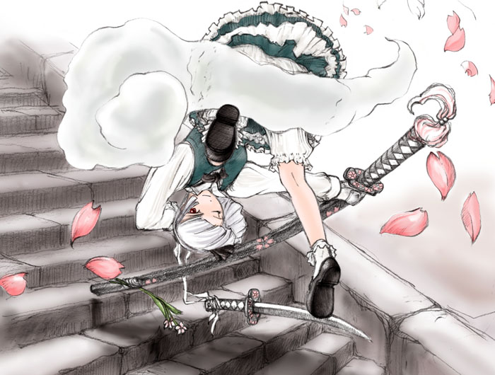 konpaku youmu, konpaku youmu (ghost), touhou, 1girl, bloomers, female focus, flower, hitodama, katana, one eye closed, petals, scabbard, sheath, sheathed, socks, solo, stairs, sword, underwear, upside-down, weapon, white bloomers, white hair