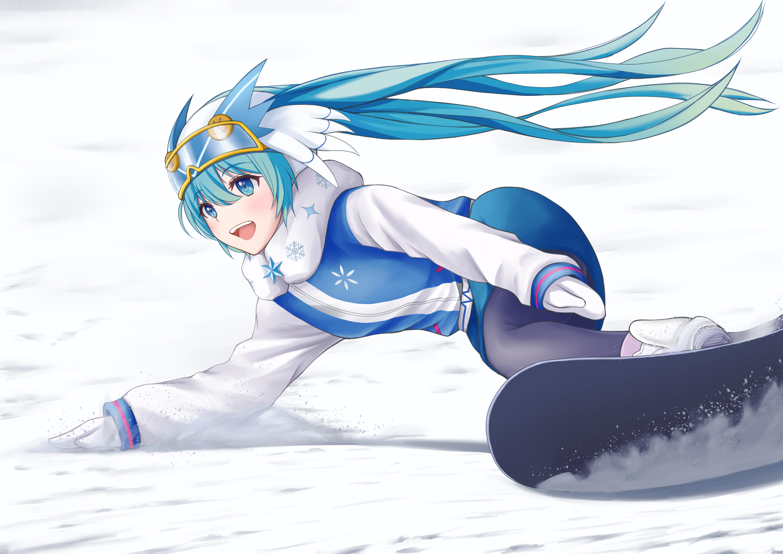 nekoinu bamboo, hatsune miku, yuki miku, yuki miku (2016), vocaloid, highres, 1girl, aqua eyes, aqua hair, black pantyhose, blue jacket, blush, goggles, goggles on head, hair between eyes, jacket, long hair, mittens, official alternate costume, official alternate hairstyle, open mouth, pantyhose, scarf, ski gear, ski goggles, smile, snowflake print, solo, twintails, very long hair, white mittens, white scarf