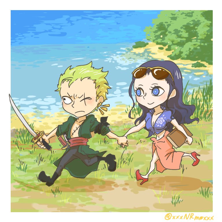 nikoban, nico robin, roronoa zoro, one piece, commentary, 1boy, 1girl, bandana around arm, black boots, blue eyes, book, boots, border, chibi, eyewear on head, full body, green hair, green kimono, high heels, holding, holding book, holding hands, holding sword, holding weapon, japanese clothes, kimono, long hair, ocean, one eye closed, outdoors, pink sarong, running, sarong, scar, scar across eye, scar on face, short hair, smile, sword, twitter username, weapon, white border