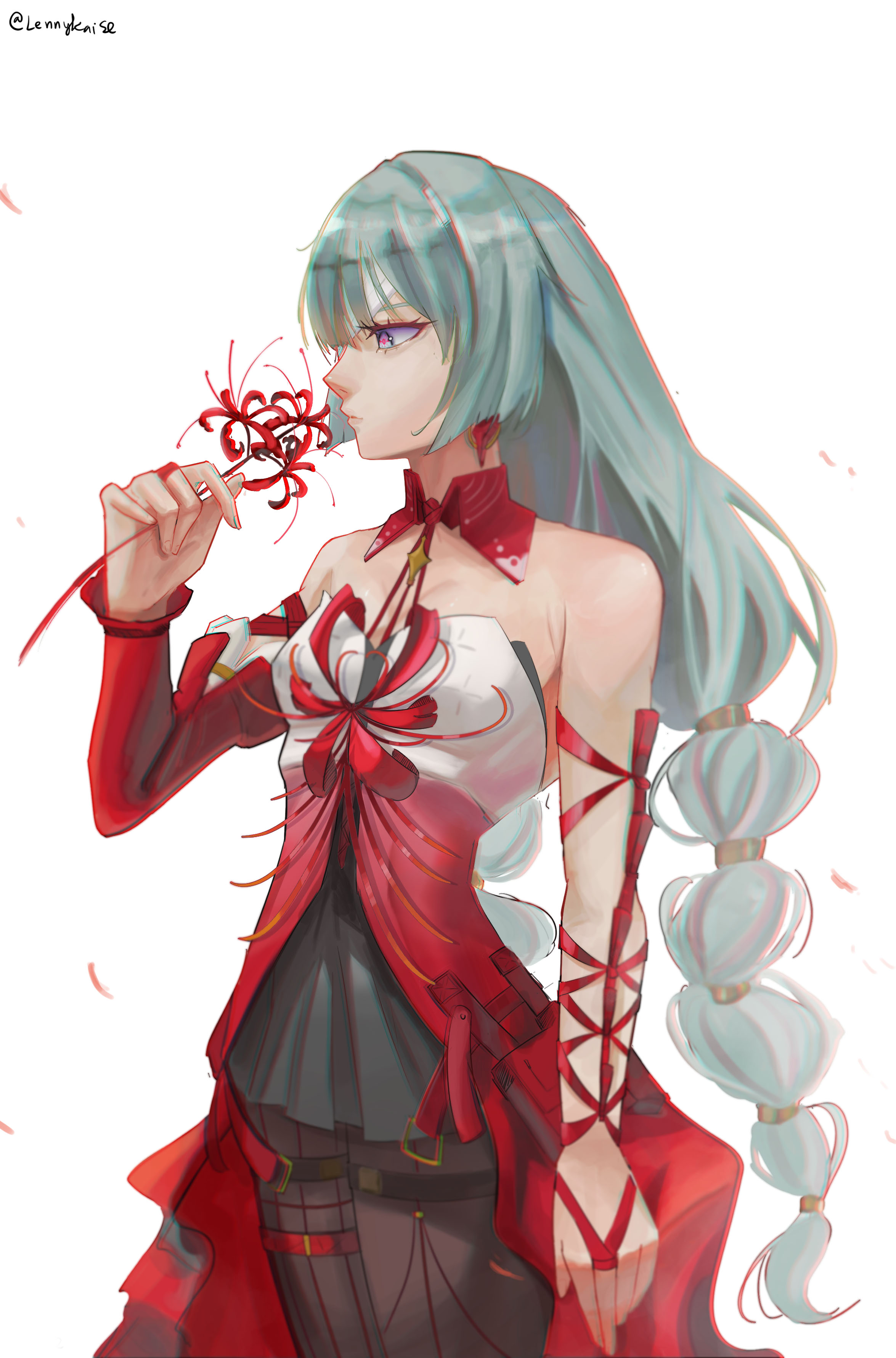 lennykaise, phrolova (wuthering waves), wuthering waves, absurdres, commentary, hashtag-only commentary, highres, 1girl, bare shoulders, black pantyhose, black skirt, braid, chromatic aberration, closed mouth, cowboy shot, detached sleeves, dress, earrings, flower, grey eyes, grey hair, halter dress, halterneck, hand up, holding, holding flower, jewelry, low twin braids, multicolored hair, pantyhose, red dress, red pupils, simple background, single detached sleeve, skirt, solo, spider lily, streaked hair, twin braids, twitter username, white background
