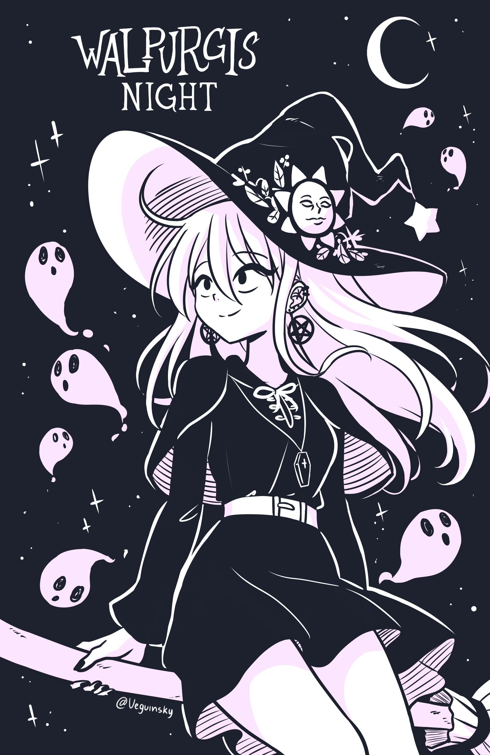 vewuinsky, original, absurdres, commentary, english commentary, highres, 1girl, belt, broom, broom riding, capelet, copyright name, crescent, dress, earrings, ghost, greyscale, hat, jewelry, monochrome, nail polish, necklace, pentagram, pentagram earrings, short dress, sitting, solo, twitter username, witch hat