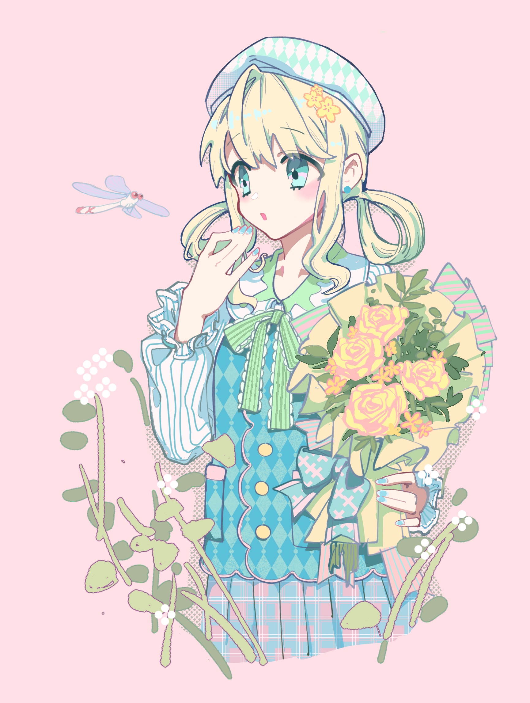 infinity nikki, nikki (series), highres, 1girl, :o, agent pp, aqua eyes, argyle clothes, argyle hat, argyle vest, beret, blonde hair, blue skirt, blue vest, bouquet, bow, bowtie, bug, buttons, collarbone, collared shirt, cropped legs, dragonfly, earrings, eyelashes, flower, frilled sleeves, frills, green bow, green bowtie, hair bun, hair flower, hair ornament, hair rings, hand on own chin, hat, holding, holding bouquet, insect, jewelry, lace-trimmed bowtie, light blush, long sleeves, looking at animal, medium hair, open mouth, pink background, plaid clothes, plaid skirt, pleated skirt, pocket, puffy long sleeves, puffy sleeves, rose, shirt, sidelocks, simple background, single hair bun, skirt, solo, striped bow, striped bowtie, striped clothes, stud earrings, stylist (nikki), unmoving pattern, vertical-striped sleeves, vest, wavy hair, white hat, white shirt, yellow flower, yellow rose