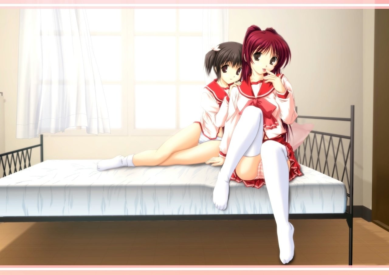 kousaka tamaki, yuzuhara konomi, to heart (series), to heart 2, 00s, 2girls, bed, bow, hair ribbon, legs, multiple girls, panties, pantyshot, red hair, ribbon, school uniform, serafuku, short hair, socks, striped clothes, striped panties, sunlight, thighhighs, thighs, twintails, underwear, window