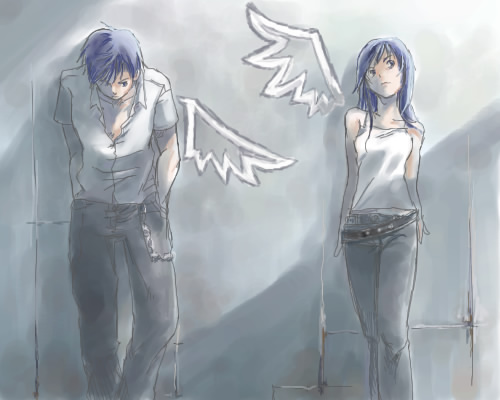 fayt leingod, maria traydor, star ocean, star ocean: till the end of time, lowres, blue hair, casual, denim, jeans, pants, shirt