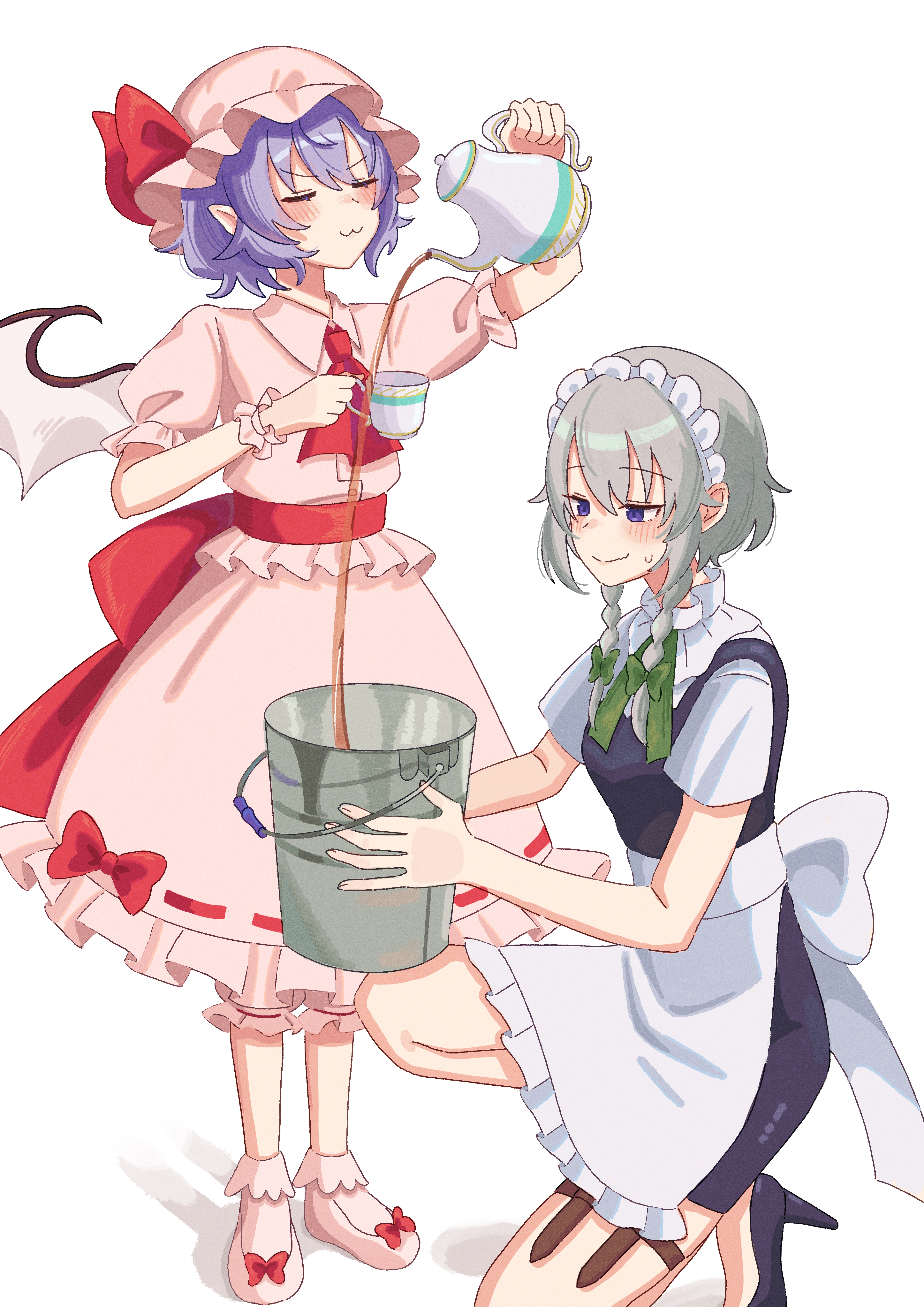 izayoi sakuya, remilia scarlet, touhou, absurdres, commentary request, highres, 2girls, :3, apron, ascot, bat wings, blue shoes, blush, bow, braid, bucket, closed eyes, closed mouth, collared shirt, cup, green bow, grey hair, hair bow, hat, hat ribbon, high heels, holding, holding bucket, holding cup, holding teapot, holster, knife, long hair, maid, maid headdress, mob cap, multiple girls, on one knee, pink hat, pink shirt, pink shoes, pink skirt, pointy ears, pouring, puffy short sleeves, puffy sleeves, purple eyes, purple hair, red ascot, ribbon, ribbon-trimmed skirt, ribbon trim, sheath, sheathed, shirt, shoes, short sleeves, simple background, skirt, smile, smug, sweatdrop, tea, teacup, teapot, thigh holster, thigh strap, twin braids, waist apron, white apron, white background, wings, wrist cuffs, yodachiki