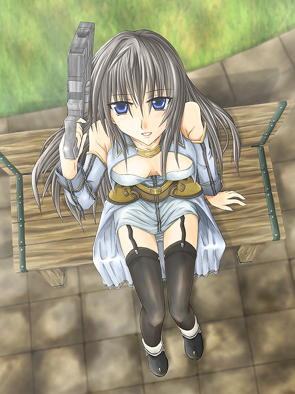 maria traydor, final fantasy, star ocean, star ocean: till the end of time, 1girl, blue eyes, breasts, cleavage, cosplay, elbow gloves, female focus, gloves, grey hair, gun, handgun, long hair, medium breasts, pistol, sitting, solo, thighhighs, weapon