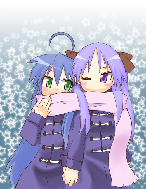 hiiragi kagami, izumi konata, lucky star, 00s, 2girls, blush, coat, holding hands, long hair, multiple girls, one eye closed, pink scarf, scarf, shared clothes, shared scarf, wink, yuri