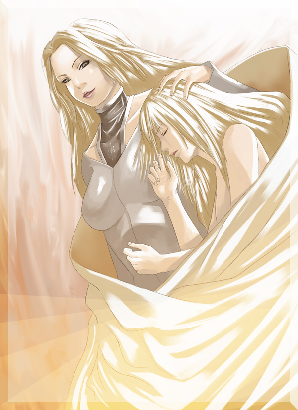 clare (claymore), teresa, claymore (series), 00s, 2girls, bed, blonde hair, multiple girls, sleeping, yuri