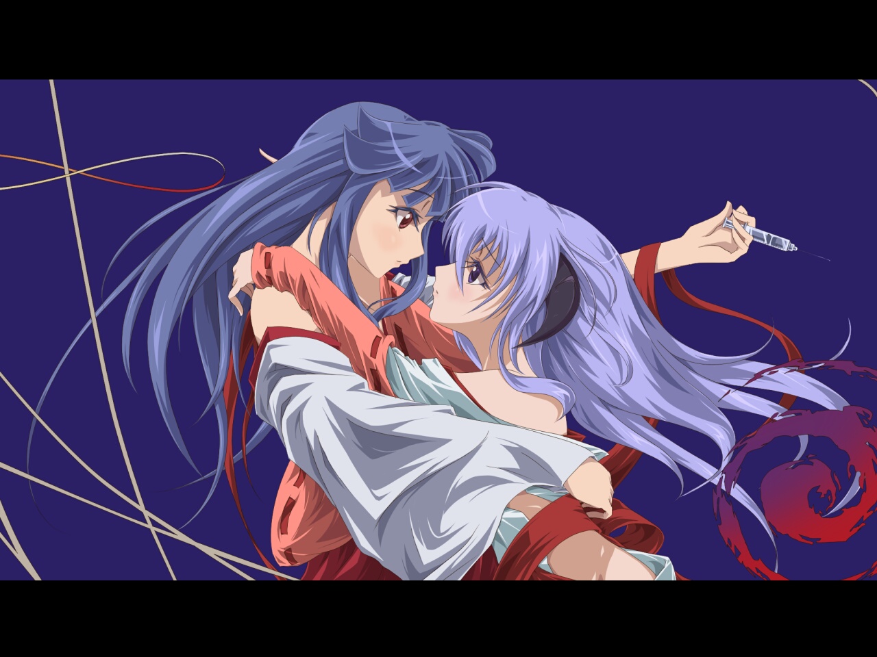 furude rika, hanyuu, higurashi no naku koro ni, kannazuki no miko, derivative work, vector trace, 2girls, aged up, blue eyes, blue hair, brown eyes, colored eyelashes, crossover, eye contact, eyelashes, horns, hug, japanese clothes, letterboxed, long hair, looking at another, miko, miko embrace, multiple girls, needle, parody, purple hair, syringe, yuri