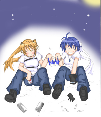 subaru nakajima, teana lanster, lyrical nanoha, mahou shoujo lyrical nanoha, mahou shoujo lyrical nanoha strikers, lowres, 00s, 2girls, :d, ^ ^, ahoge, androgynous, blue hair, blush, brown hair, can, closed eyes, denim, drink, drink can, floating hair, full body, grin, holding, jeans, multiple girls, open mouth, pants, shirt, short hair, short sleeves, smile, soda can, teeth, twintails, white shirt, wind