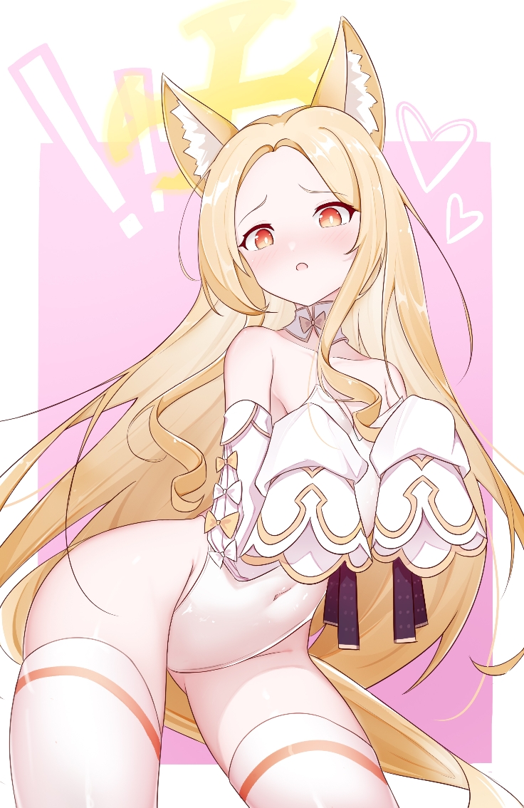 seia (blue archive), blue archive, !, !!, 1girl, animal ear fluff, animal ears, armpits, bare shoulders, blonde hair, bow, breasts, covered navel, detached sleeves, extra ears, fox ears, fox girl, fox tail, gu meng yin zheng zai chong dian, halo, heart, long hair, looking at viewer, navel, one-piece swimsuit, pink eyes, ponytail, shiny forehead, swimsuit, tail, thighhighs, very long hair, white bow, white thighhighs, yellow bow, yellow halo