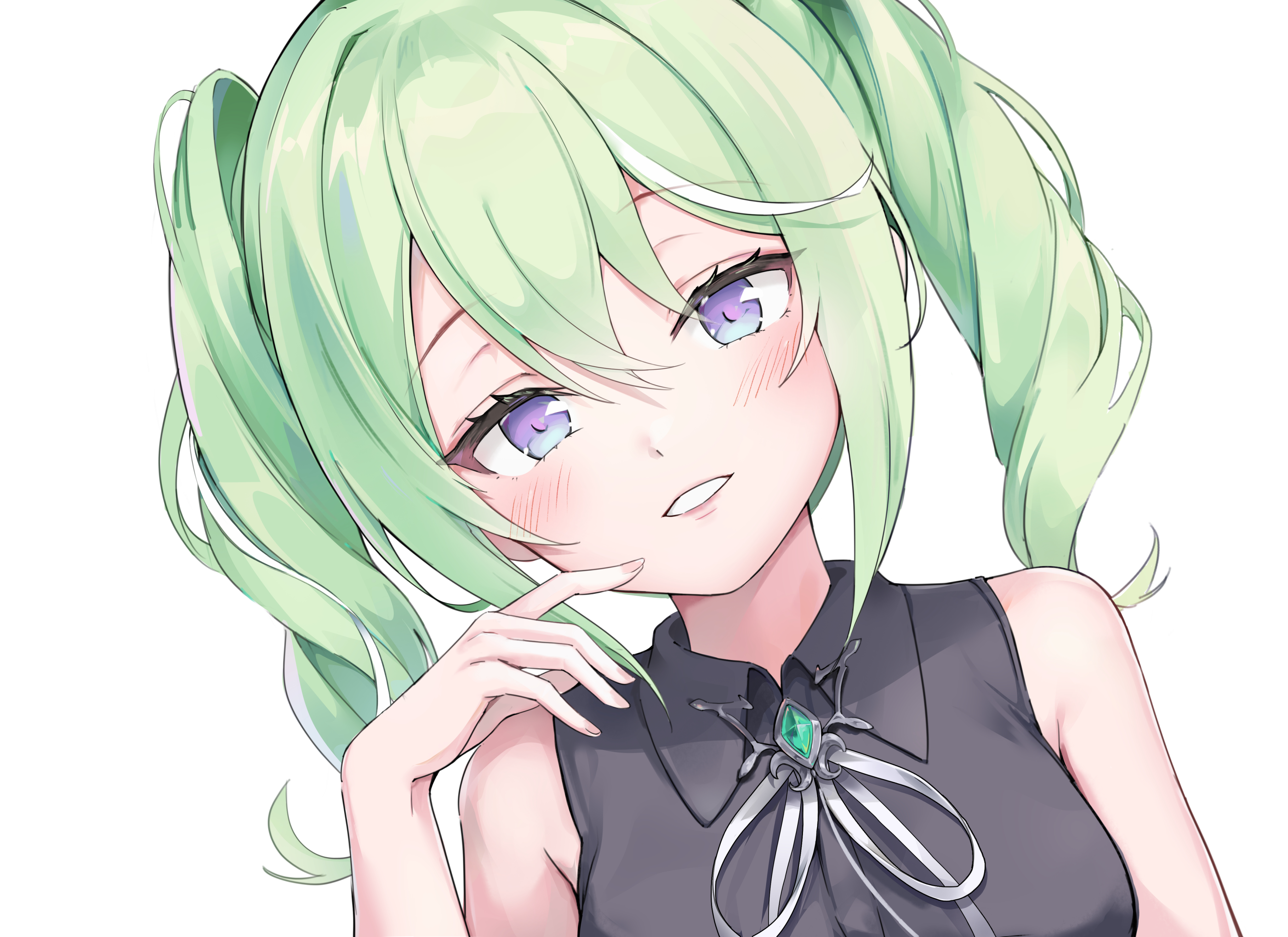 koy (4767269), yuzuha riko, stellive, absurdres, highres, 1girl, bare shoulders, black shirt, brooch, collared shirt, gradient eyes, green hair, grin, hand up, jewelry, long hair, looking at viewer, multicolored eyes, multicolored hair, neck ribbon, no jacket, purple eyes, ribbon, shirt, simple background, sleeveless, sleeveless shirt, smile, solo, streaked hair, twintails, virtual youtuber, white background
