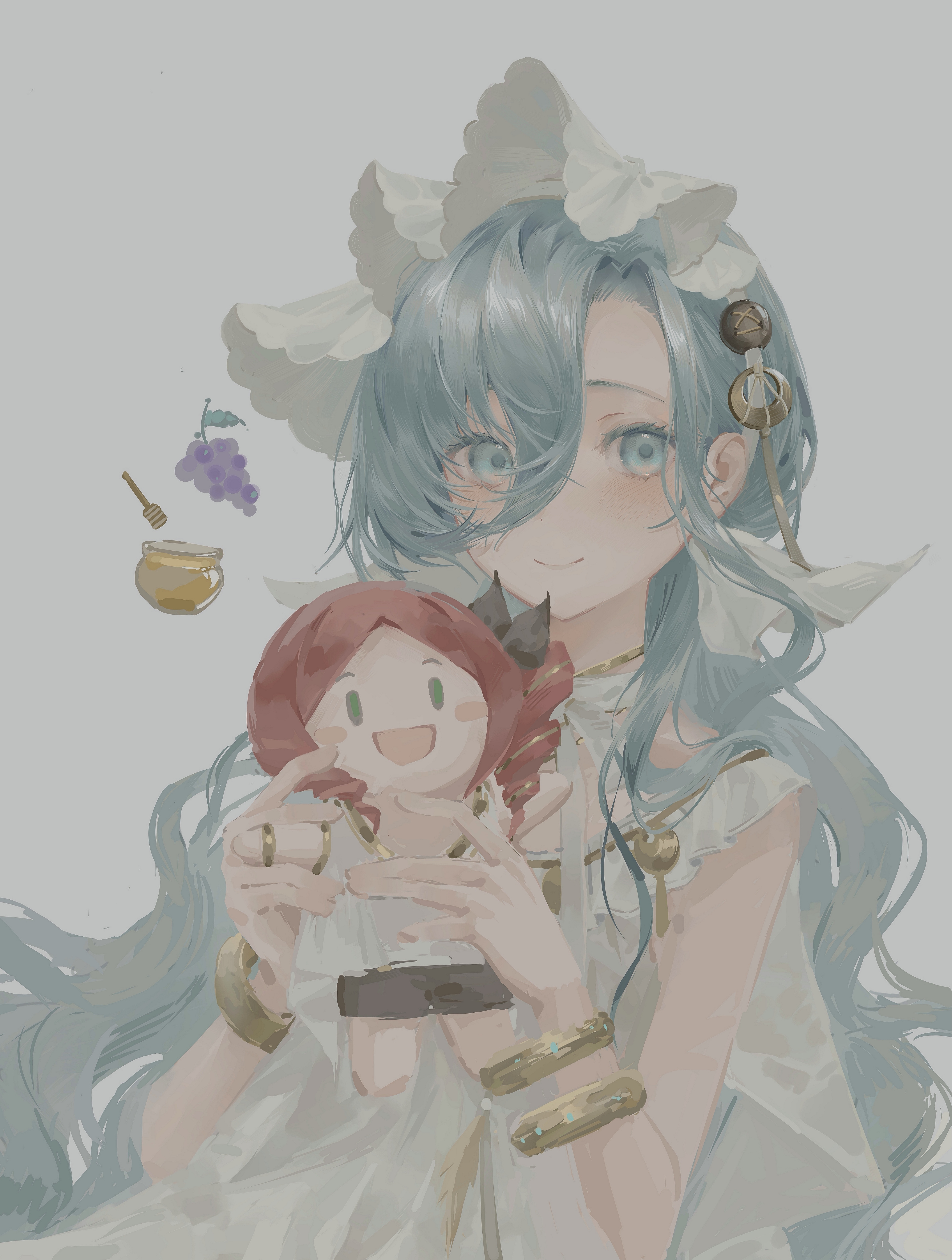 xy mt2528, 37 (reverse:1999), sophia (reverse:1999), reverse:1999, absurdres, highres, 1girl, bare shoulders, blue eyes, blue hair, bracelet, character doll, doll, food, fruit, grapes, grey background, hair between eyes, hair ornament, hands up, holding, holding doll, honey dipper, honeypot, jewelry, long hair, looking at viewer, official alternate costume, shirt, sleeveless, sleeveless shirt, smile, solo, upper body, very long hair, white shirt